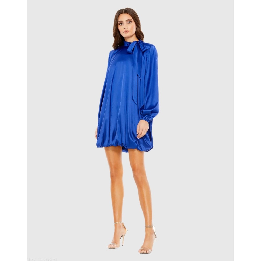 Mac Duggal New $298 Blue Satin High Neck Long Sleeve Bubble Hem Dress Sz 12